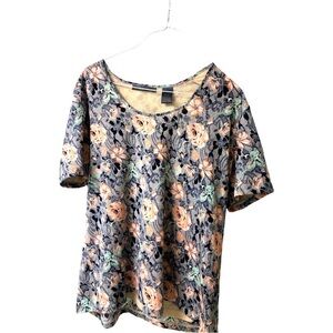 Liz Claiborne Floral Swoop Neck Short Sleeved Petite Blouse with Lining 1P